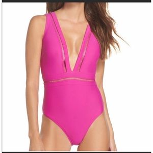 Ted Baker Starza Pointelle Deep V One Piece Swimsuit Fuchsia